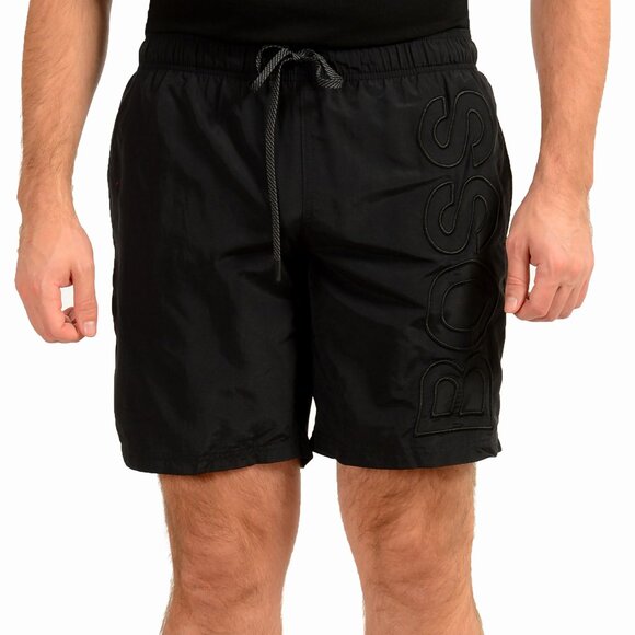 Hugo Boss Men's "Whale" Black Logo Print Swim Board Shorts US M IT 50